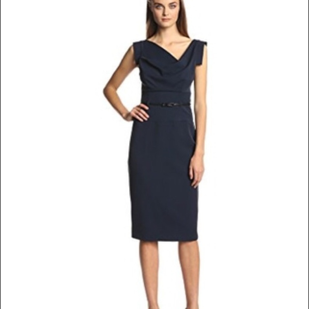 Jackie O Dress Draped Neckline Tab Sleeve Navy